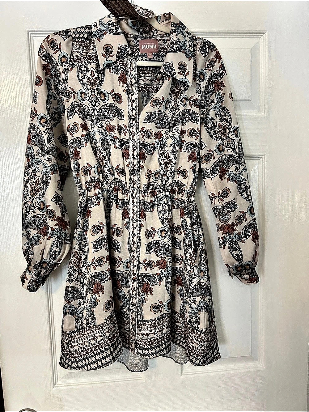 MUMU Paisley Long Sleeve Mini Dress in Cream & Blue Like New